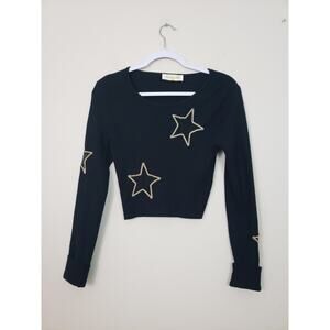 The Indigo Child Womens JR Sweater Size L Stars Black Chain Sexy Crop Patriotic